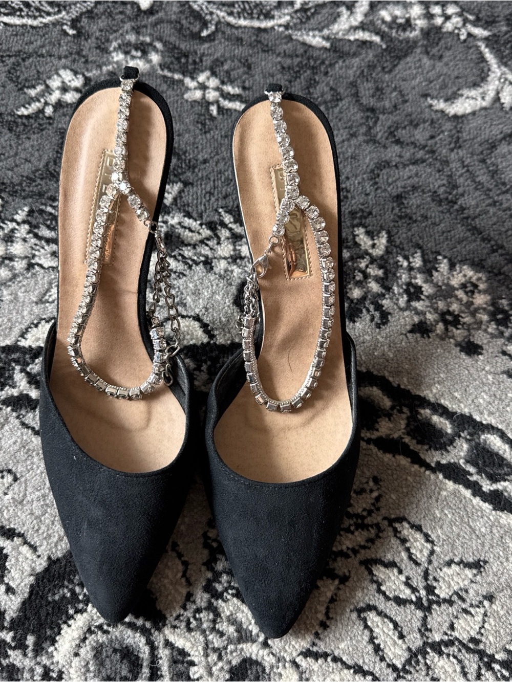 Black Pointed Slingback Heels with Crystal T-Straps